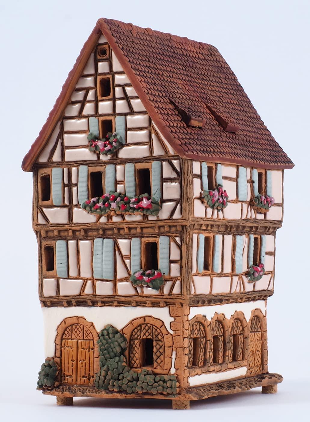 Midene Ceramic Christmas Village Houses Collection - Collectible Handmade Miniature of The Original House in Colmar, France - Tea Light Candle Holder, Essential Oil Burner A252AR