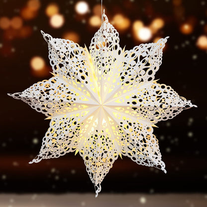 23.6 Inch Christmas Star Snowflake Paper Lantern with Light Timer Paper Lamp Party Supplies Hanging Decoration for Weddings Christmas Trees Birthday Holiday Party Celebration (Lovely Style)