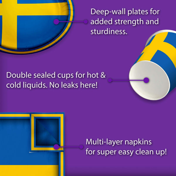 Swedish Flag Birthday Party Supplies Set Plates Napkins Cups Tableware Kit for 16.