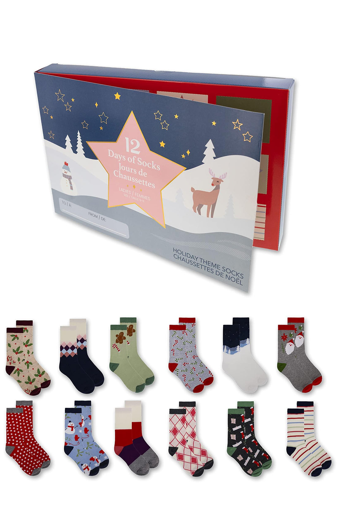 Gertex Ladies Premium Christmas Holiday Themed Sock Advent Calendar | 12 Days of Crew Socks | Sock Size 9-11 | Fits Women Shoe Size 5-10