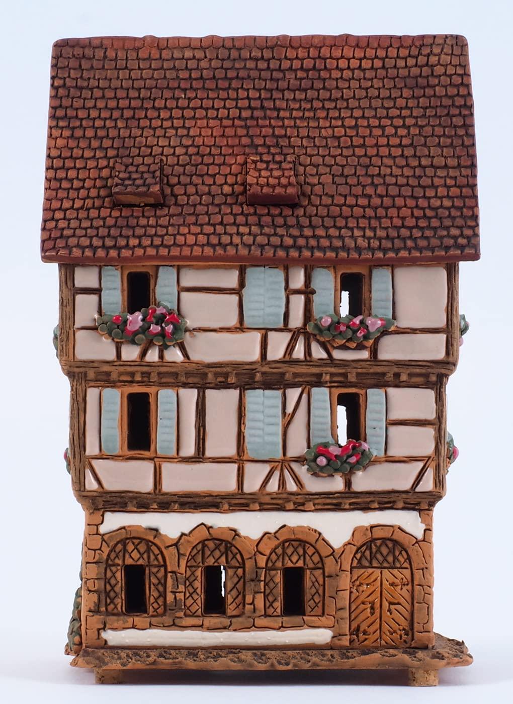 Midene Ceramic Christmas Village Houses Collection - Collectible Handmade Miniature of The Original House in Colmar, France - Tea Light Candle Holder, Essential Oil Burner A252AR