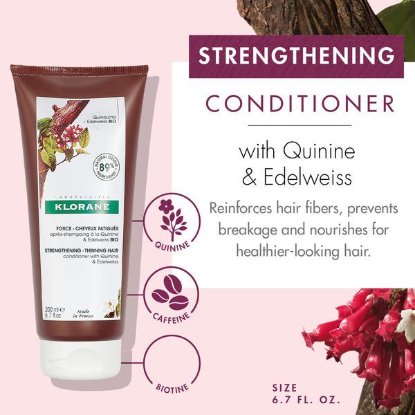 Klorane Strengthening Conditioner with Quinine and Edelweiss for Thinning Hair, Supports Thicker, Stronger, Healthier Hair, For Men and Women, Paraben, Silicone and Sulfate Free, 6.7 Fl Oz