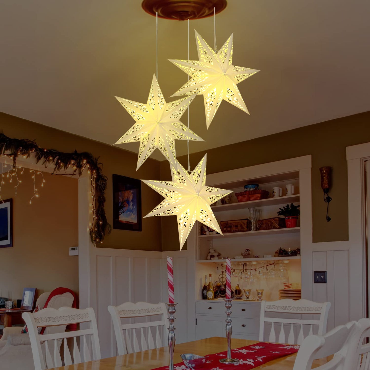 Kingdder Star Paper Lanterns Paper Lampshade with LED Light Paper Lantern Moroccan Paper Stars 7 Pointed White Hollow out Party Paper Star Decoration for Weddings Christmas Tree Birthday (17.72 Inch)