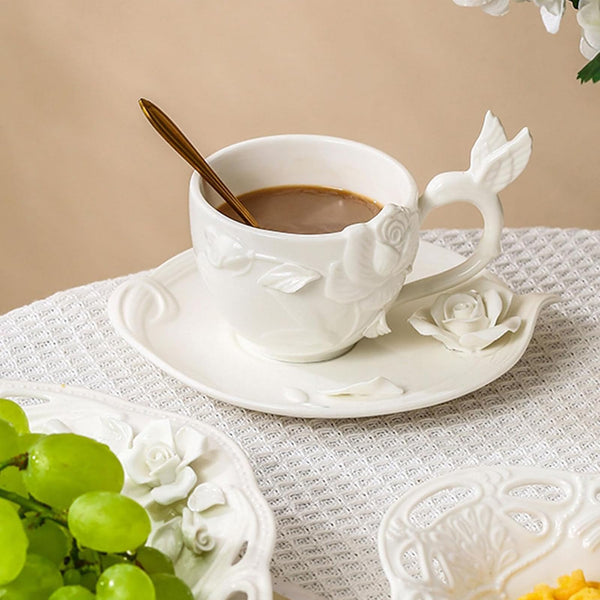 European retro style 3D flower Ceramic Coffee Mug Teacup with Saucer set, nice gift for Her (7.77oz 230ml, White).
