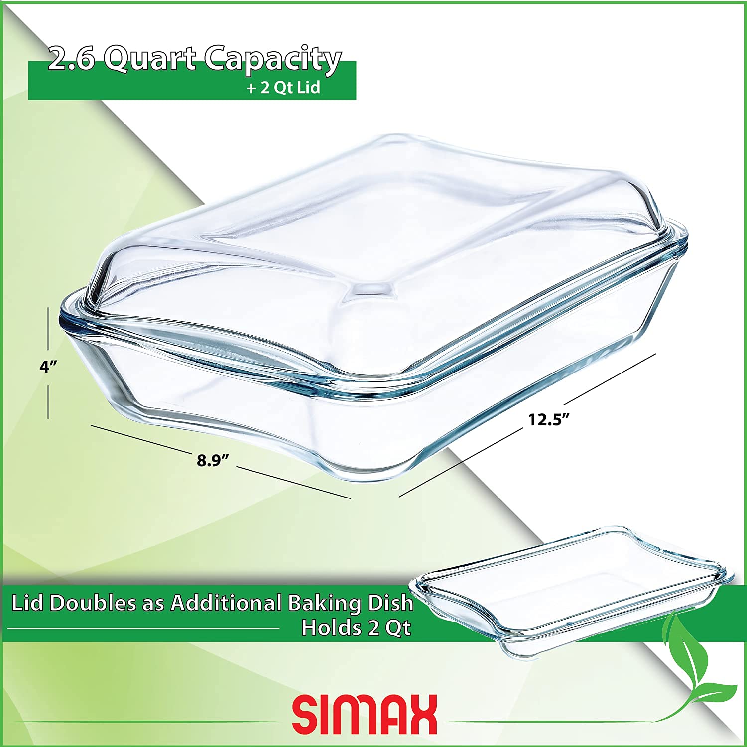 Simax Exclusive Clear Rectangular Glass Roaster | Includes Glass and Plastic Lid, Heat, Cold and Shock Proof, Made in Europe, 2.6 Quart