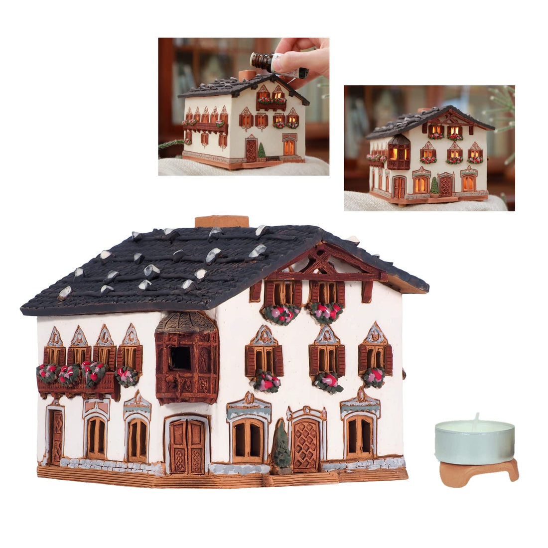 Midene Ceramic Art Tealight Candle Holder Room Decoration Handcrafted Collectible Miniature Light House House in Garmischpartenkirchen, Bavaria, Germany B265AR*