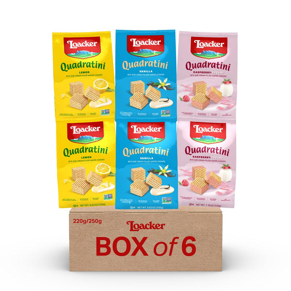 Loacker Quadratini Spring Variety Pack Wafer Cookies LARGE - 30% Less Sugar - Premium Crispy Bite Size Wafers with Cream Filling - Resealable Pack - NON-GMO - Mix of Lemon, Vanilla, and Raspberry - LARGE Snack Bag, 250g/8.82oz, Multipack of 6.