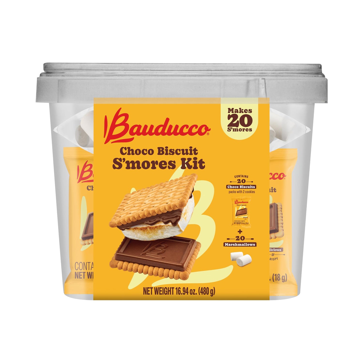 Bauducco Choco Biscuit S`mores Kit – 20 Choco Biscuits packs with 2 cookies, individually wrapped, plus 20 Marshmallows, 16.94 oz (Pack of 20)