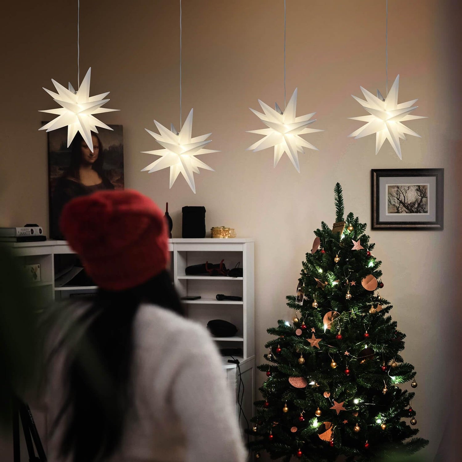 Leejec 9.4&quot; Moravian Star Outdoor Light with Remote Control, Christmas Decorations, Indoor Hanging, Warm White LED Light, Battery Operated with Timer Function, 4-Pack, Tree, Ceiling, Balcony Décor