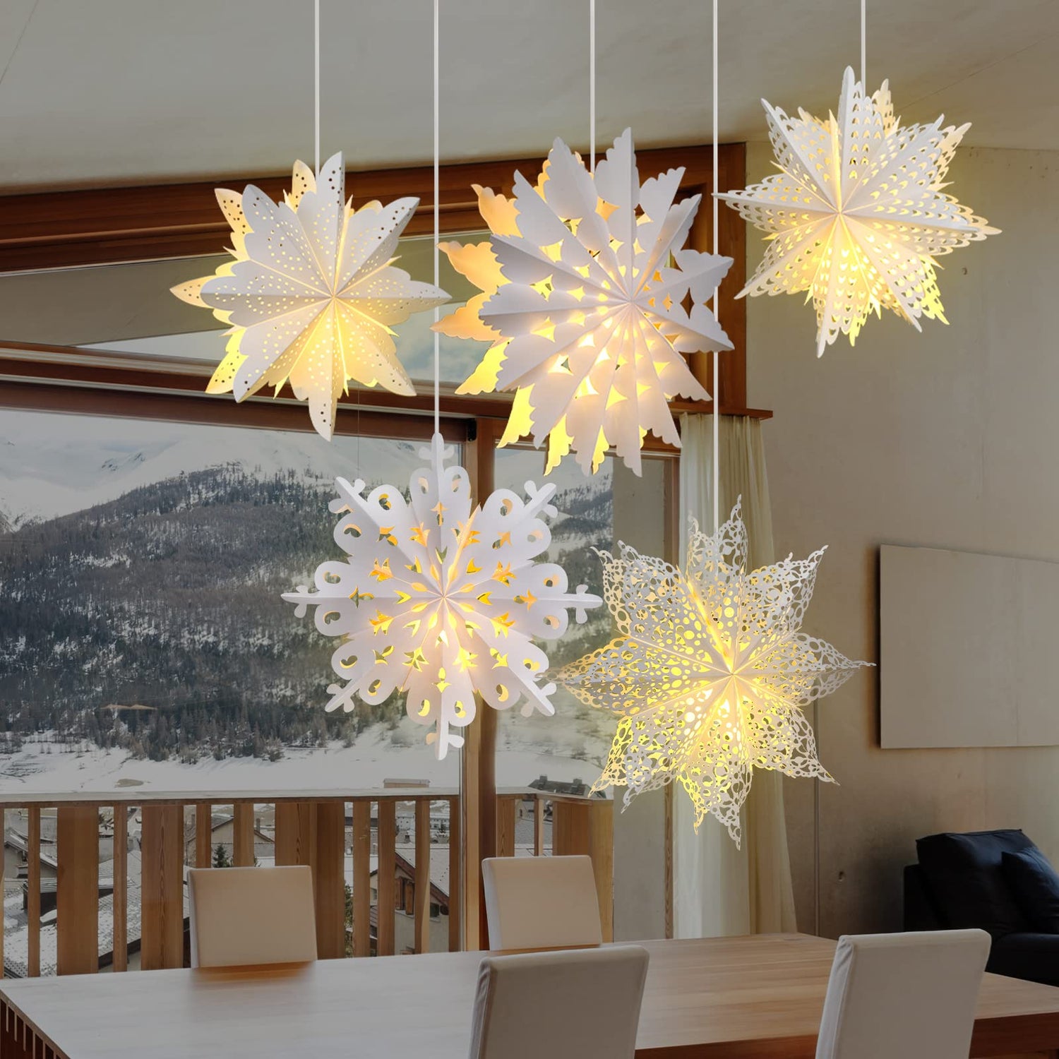 Mudder 5 Pieces Christmas Snowflake Paper Lantern with 7 Light Star Lamp Frozen Party Hanging Decoration for Weddings Trees Birthday Holiday Celebration (CL-TOOLS-C9875)