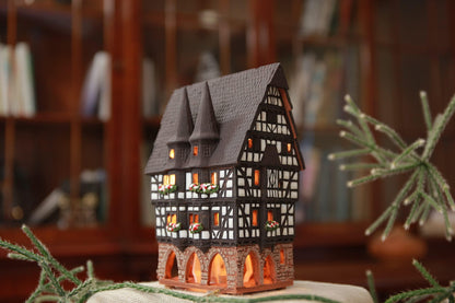 Midene Ceramic Christmas Village Houses Collection - Collectible Handmade Miniature of Town Hall in Alsfeld Tiny House German - Tea Light Candle Holder B210N*