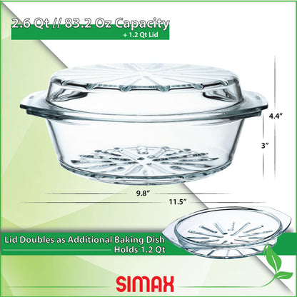 Simax Casserole Dish For Oven, Glass Baking Dish With Lid, Ridged Design for Low Fat Cooking, Microwave, Oven, and Dishwasher Safe Cookware, Borosilicate Glassware, 2.6 Qt. Round Baking Dish