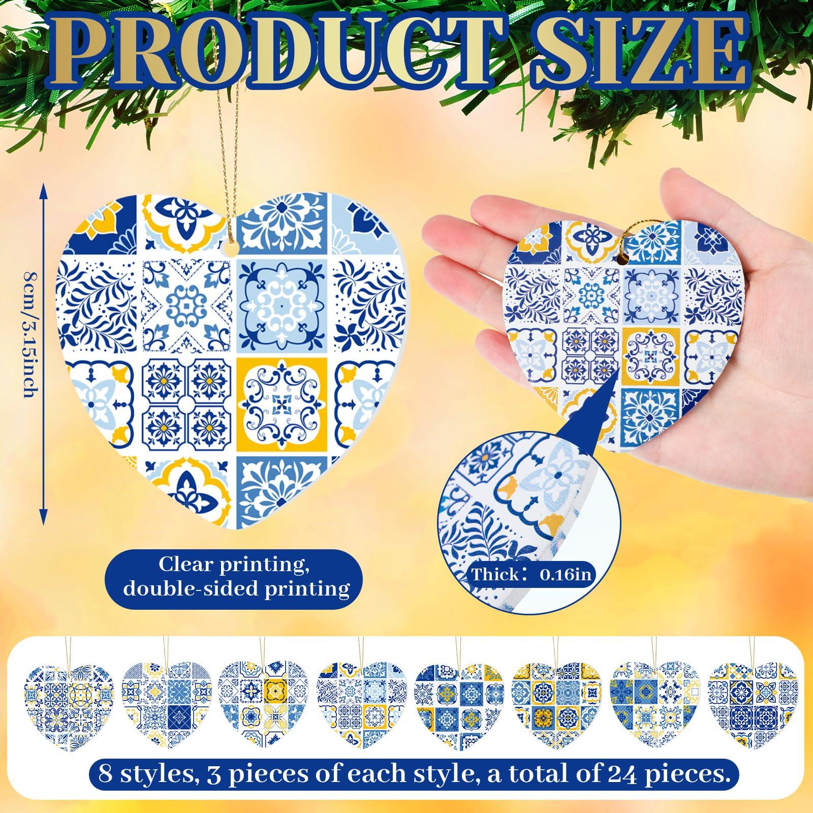 Portuguese Tiles Ceramic Ornament set of 24 - 3 Blue and Yellow Tile Heart Shape Portugal Christmas Ornament New House Housewarming Gifts Lisbon Tile Pattern Decor for Family Holiday Xmas Tree