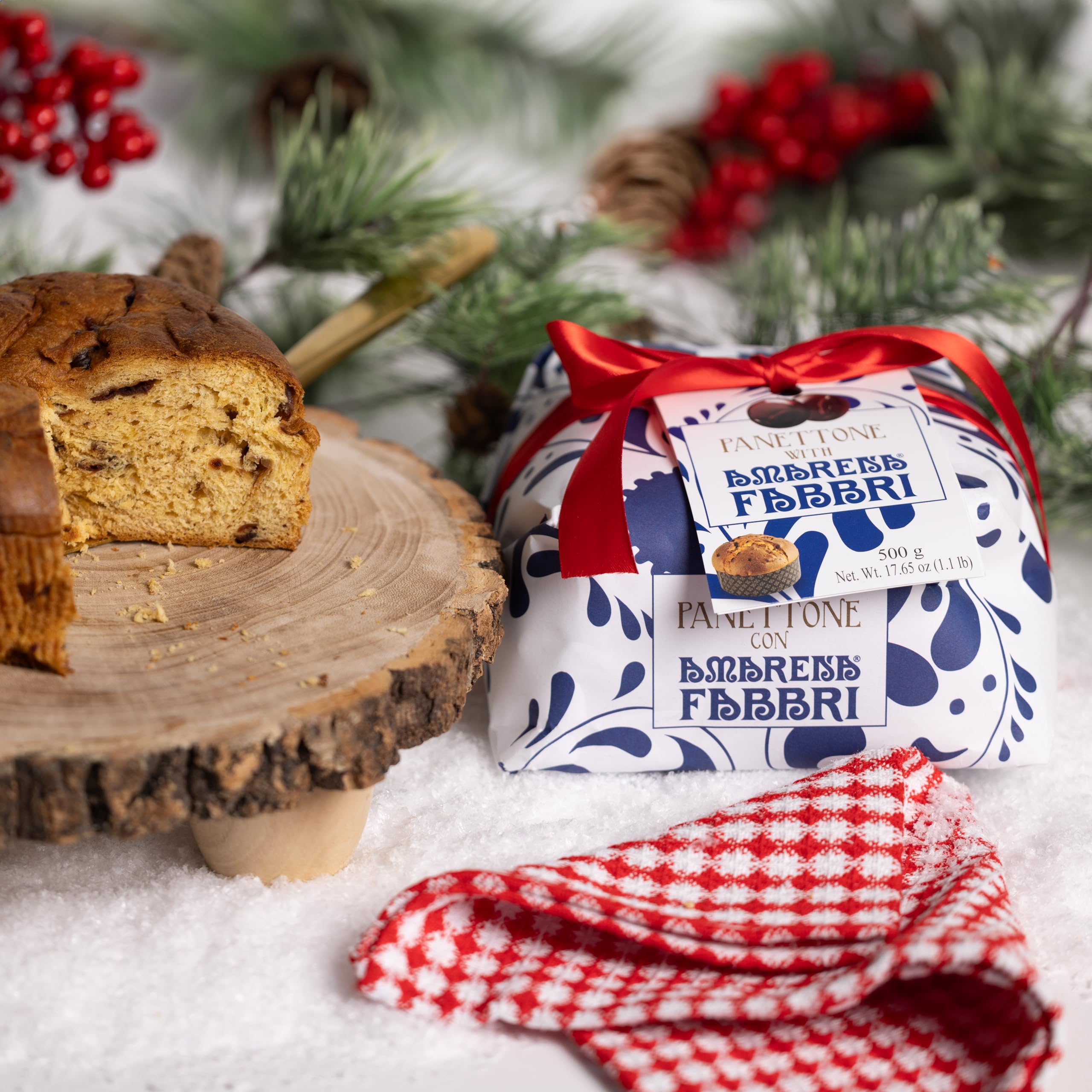 Amarena Fabbri Cherries, Panettone with candied cherries inside, Italian holiday Cake, Hand-Wrapped, Made in Italy, 1.1 pound