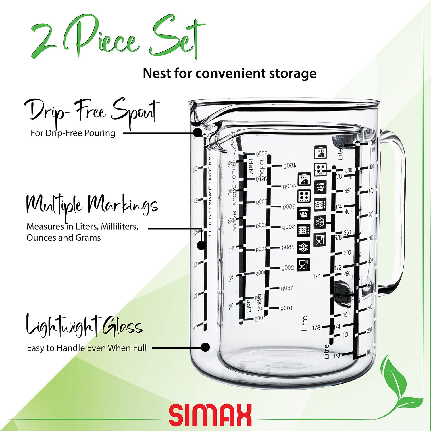 Simax Glass Measuring Cup, Durable Borosilicate Glass, Easy to Read Metric Measurements in Liter, Milliliter, Ounce, Sugar Grams, Drip Free Spout, Microwave Safe Pack of 2 includes 32 oz and 16 oz