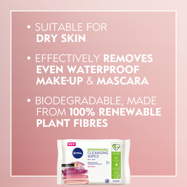 NIVEA Biodegradable Cleansing Wipes Dry Skin (40 sheets), Biodegradable Wipes made from 100% Plant Fibres, Make-Up Wipes, Face Wipes Makeup Remover