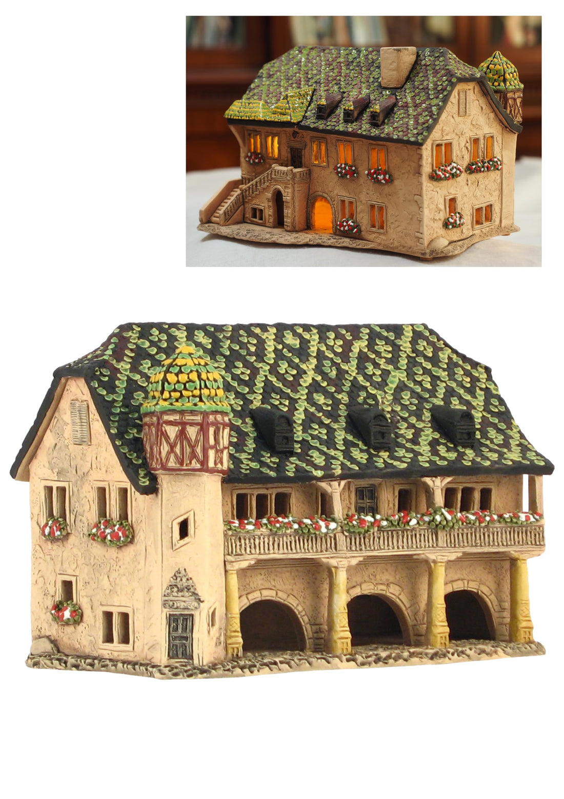 Midene Ceramic Houses Collection - Collectible Handmade Miniature of Historic House Zollhaus in Colmar, Alsace, France - Tea Light Candle Holder, Essential Oil Burner C373AR*