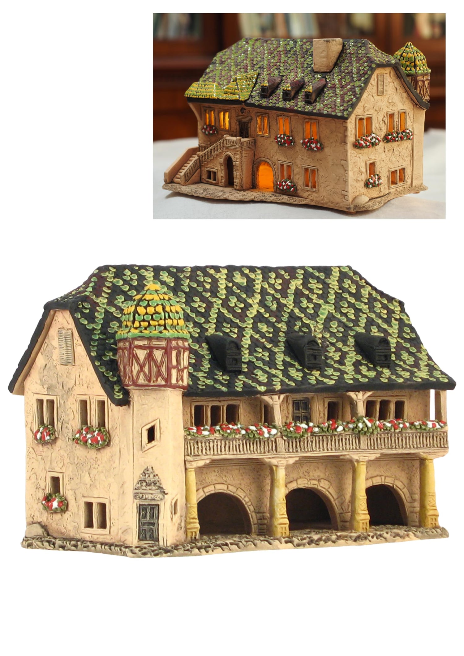 Midene Ceramic Houses Collection - Collectible Handmade Miniature of Historic House Zollhaus in Colmar, Alsace, France - Tea Light Candle Holder, Essential Oil Burner C373AR*