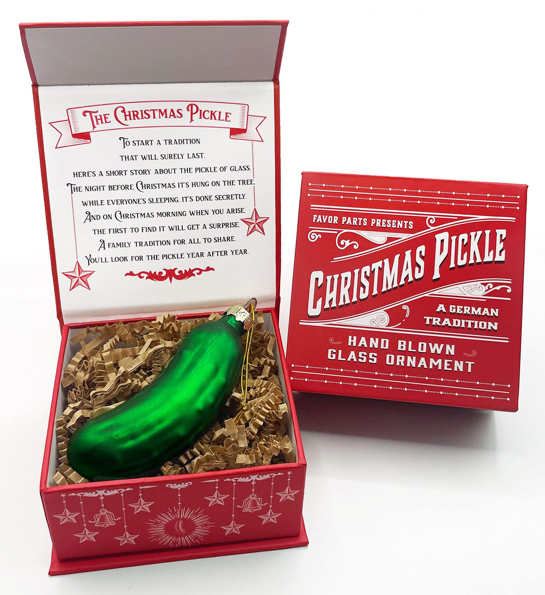 German Christmas Pickle Ornament Tradition Decor - Green Glass Tree Decoration - Gift Boxed with Story &amp; Legend