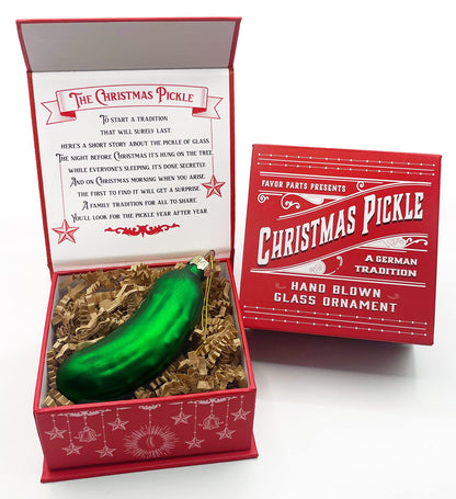 German Christmas Pickle Ornament Tradition Decor - Green Glass Tree Decoration - Gift Boxed with Story &amp; Legend