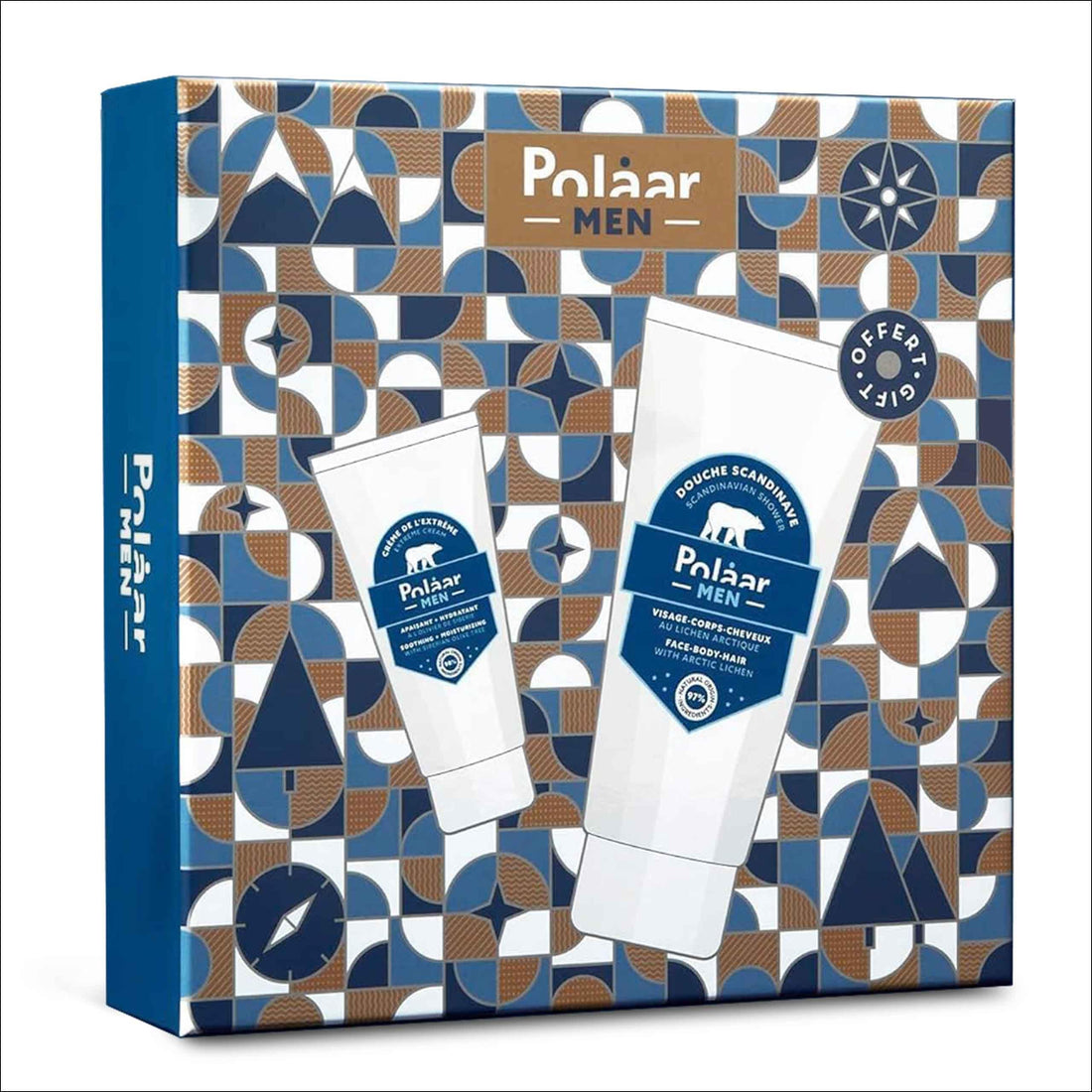 Polåar Men - Set for Men’s Skin Care - Moisturizing Cream with Siberian Olive + Shower Gel with Arctic Lichen - 2 Face, Body and Hair Treatments - Vegan, Curelty Free, Made in France