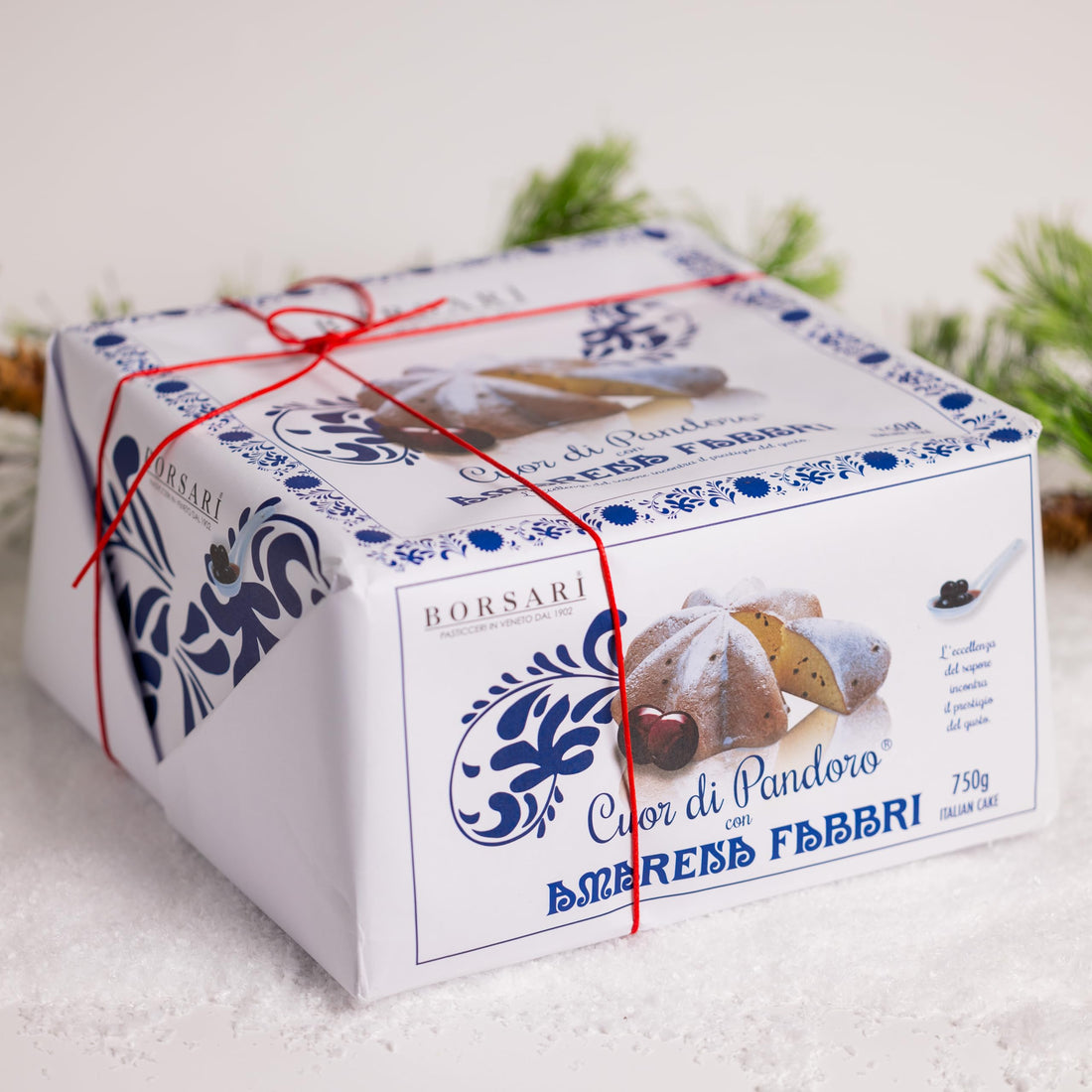 Amarena Fabbri Cherries, Pandoro with candied cherries inside, Italian holiday Cake by Borsari, Hand-Wrapped in white box, Made in Italy, 1.65 pound