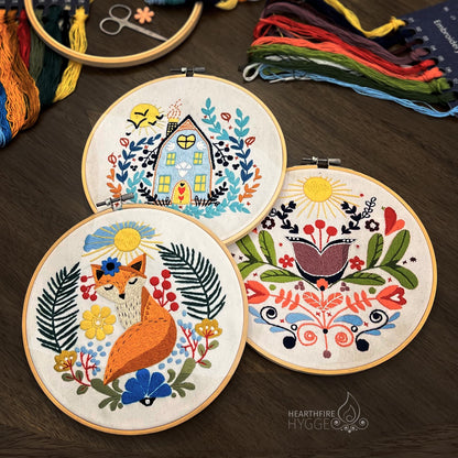 Hearthfire Hygge 3-Pack Beginner Embroidery Kit for Adults | Scandinavian Folk Art Hand Embroidery Kit for Beginners Adults | Fox, House, Flower Embroidery Kit Beginner