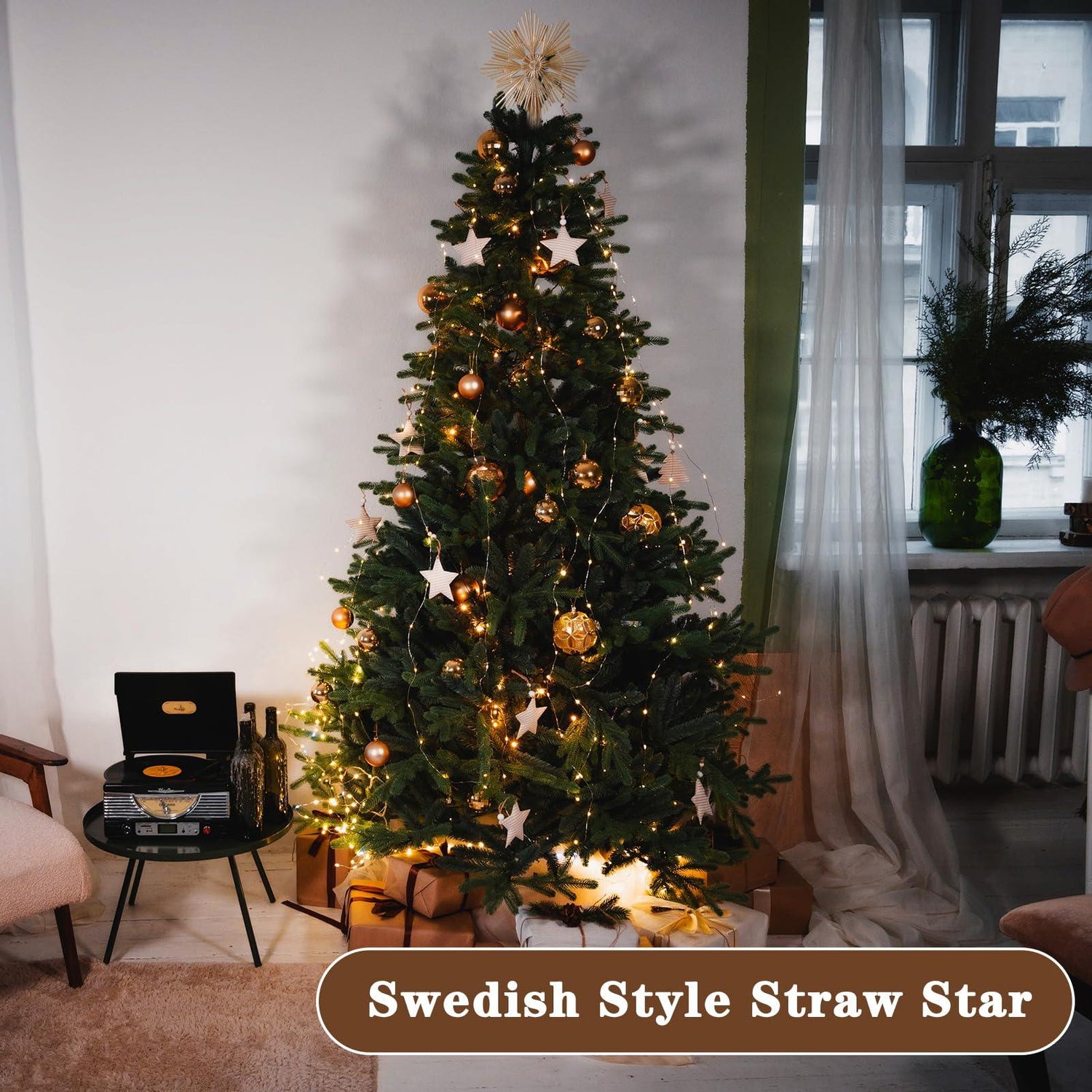 Christmas Straw Snowflake Tree Topper 10 x 12 Inch Straw Ornaments Swedish Style Nordic Tree Topper for Christmas Tree Office Home Indoor Desktop Adults Decoration(Brown,Classic)