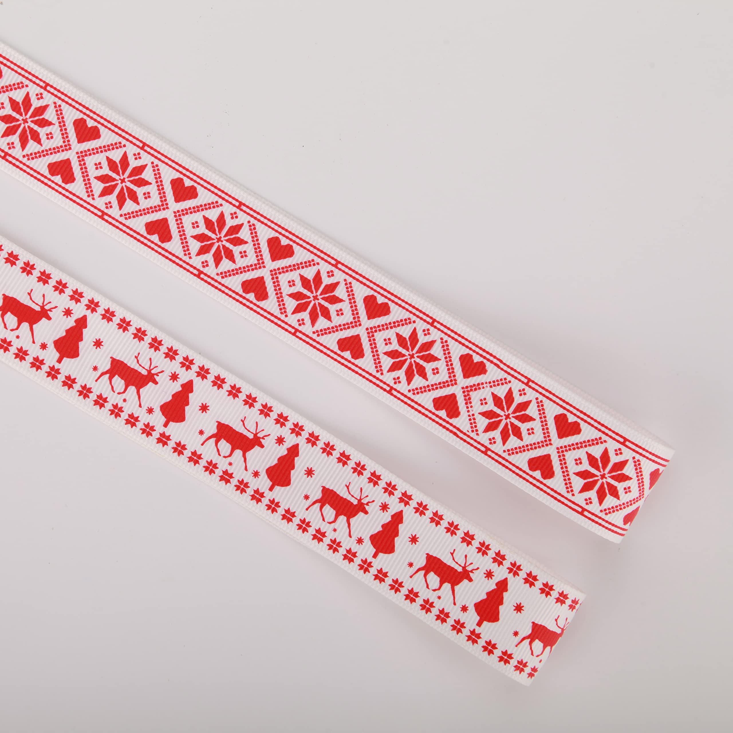 Scandinavian Christmas Ribbon Total 20 Yards 1Inch Wide Red and White Nordic Trim Scandi Reindeer and Snowflake Ribbon for Gift Wrapping, DIY Craft, Christmas Party Supplies