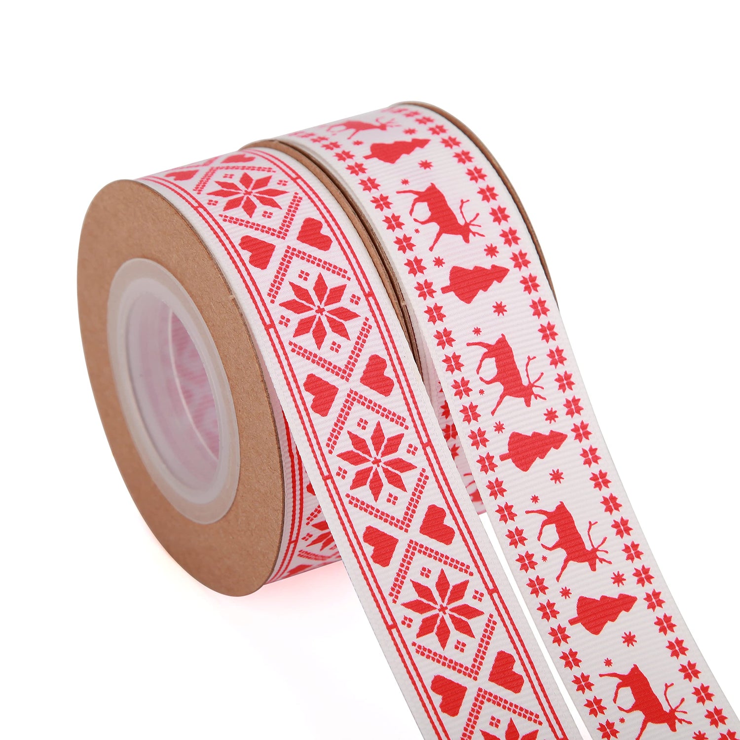 Scandinavian Christmas Ribbon Total 20 Yards 1Inch Wide Red and White Nordic Trim Scandi Reindeer and Snowflake Ribbon for Gift Wrapping, DIY Craft, Christmas Party Supplies