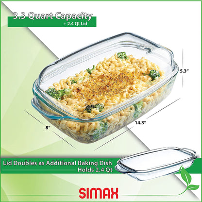 Simax Glass Casserole Baking Dish: Clear Glass Round Casserole Dish with Lid and Handles,Covered Bowl for Cooking, Baking, Serving, Dishwasher, and Oven Safe Cookware – 3 Quart Dish + 2.2 Quart Lid