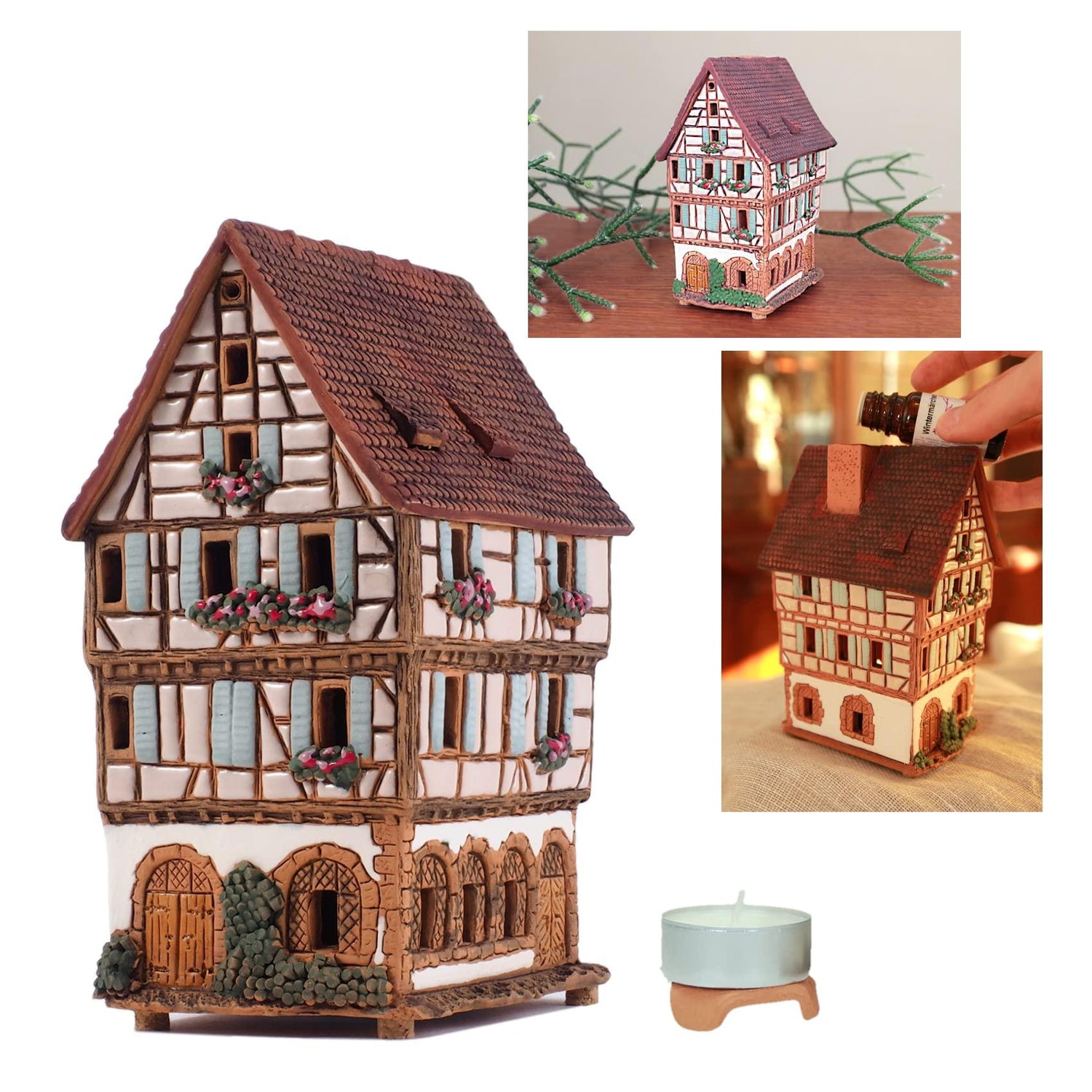 Midene Ceramic Christmas Village Houses Collection - Collectible Handmade Miniature of The Original House in Colmar, France - Tea Light Candle Holder, Essential Oil Burner A252AR