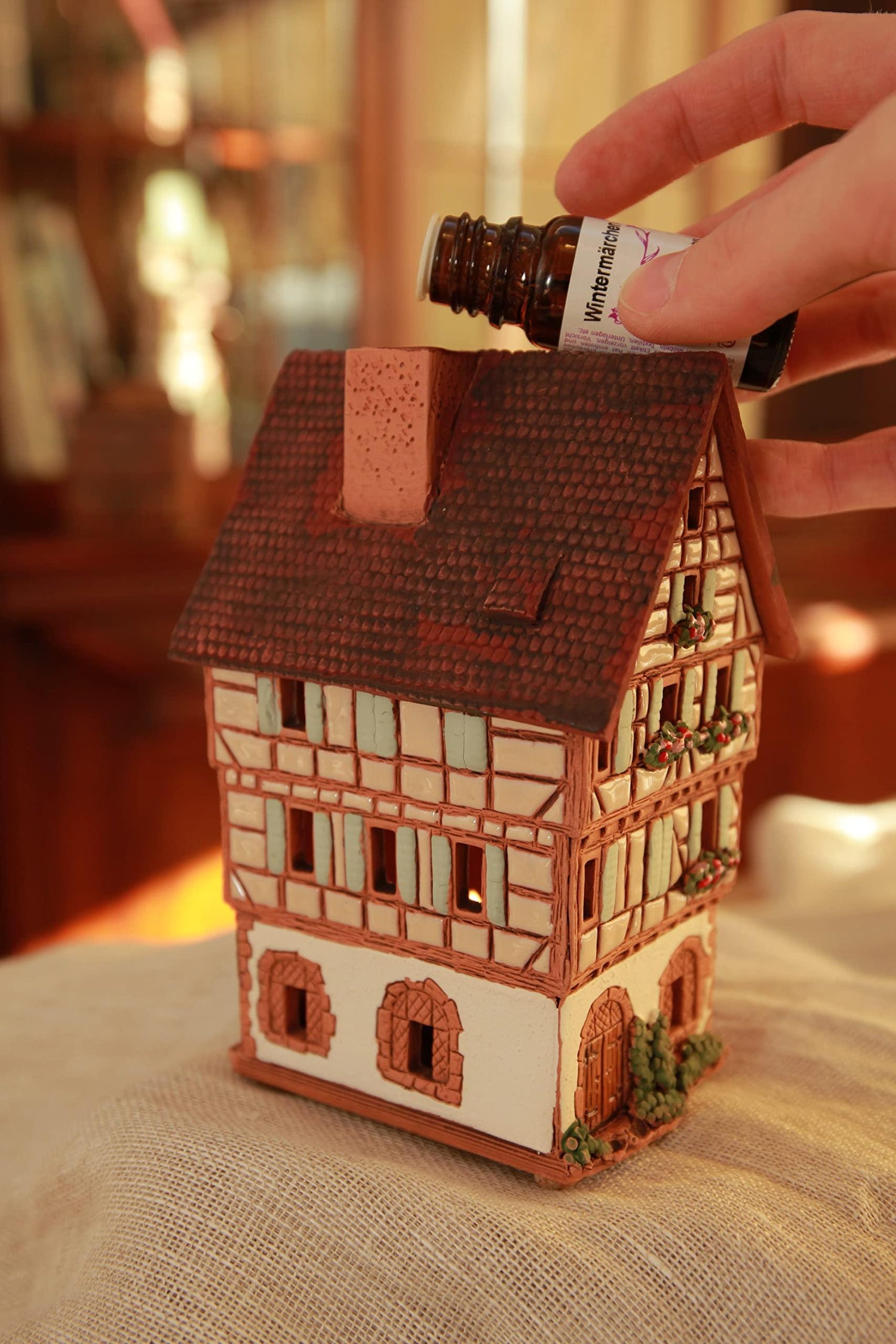 Midene Ceramic Christmas Village Houses Collection - Collectible Handmade Miniature of The Original House in Colmar, France - Tea Light Candle Holder, Essential Oil Burner A252AR