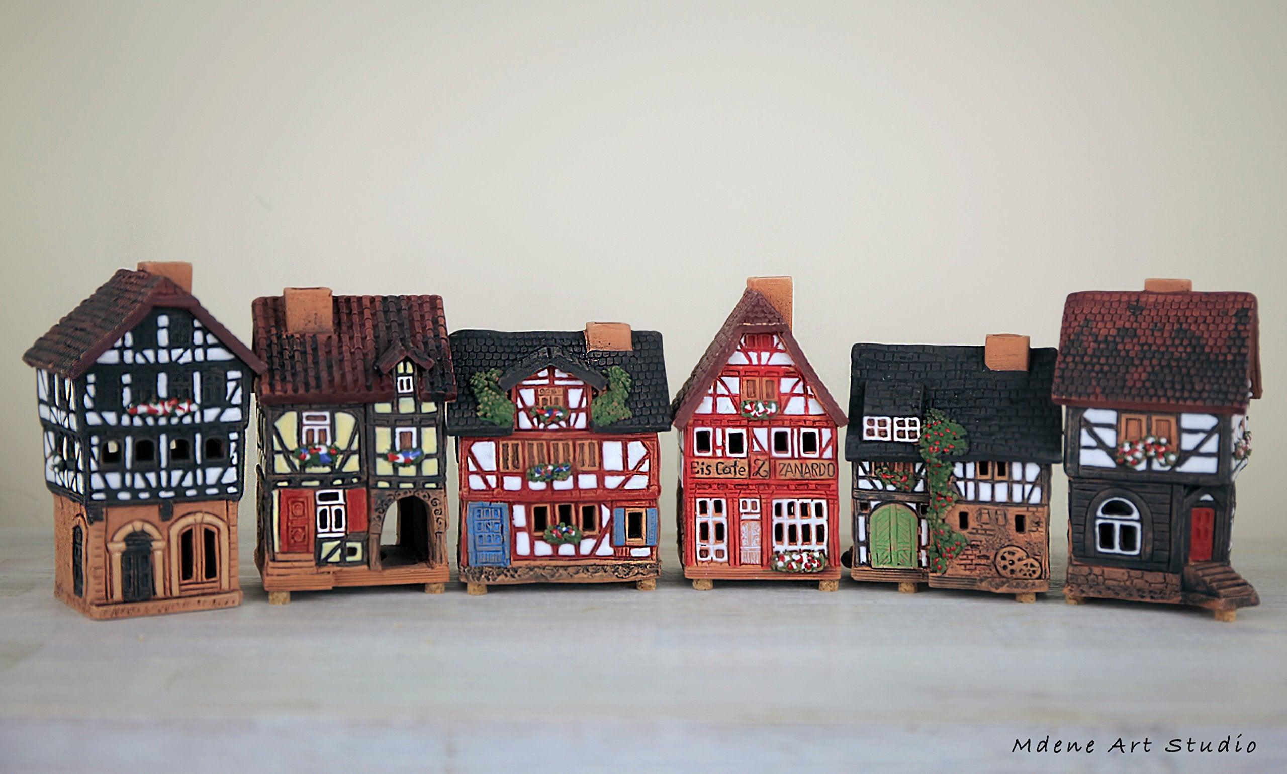 Midene Ceramic Houses Collection - Handmade Collectible Miniature of Historic House in Lauterbach Germany - Cone Incense Holder Room Decor - Ceramic Incense Burner S19-6