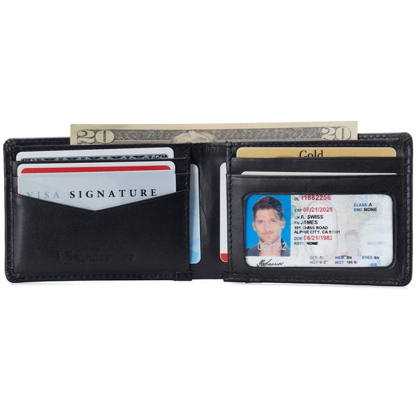 Alpine Swiss Men’s Delaney Slimfold RFID Safe Slim Bifold Wallet Smooth Leather Comes in Gift Box Black.