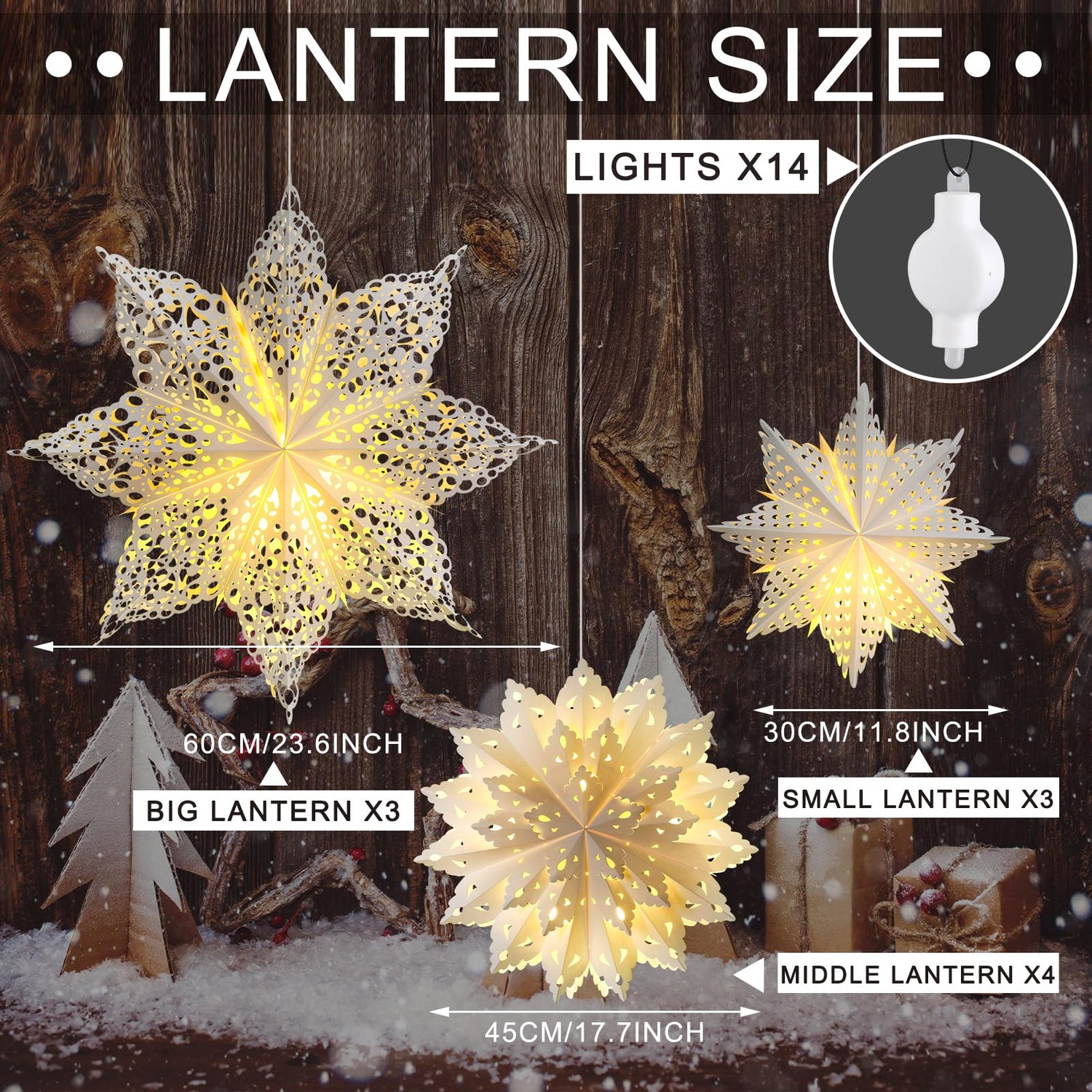 Mudder 10 Pcs Snowflake Paper Lantern Paper Star Lantern with 14 LED Light Paper Lamp Frozen Party Hanging Decoration for Christmas Weddings New Year Birthday Holiday Celebration, White