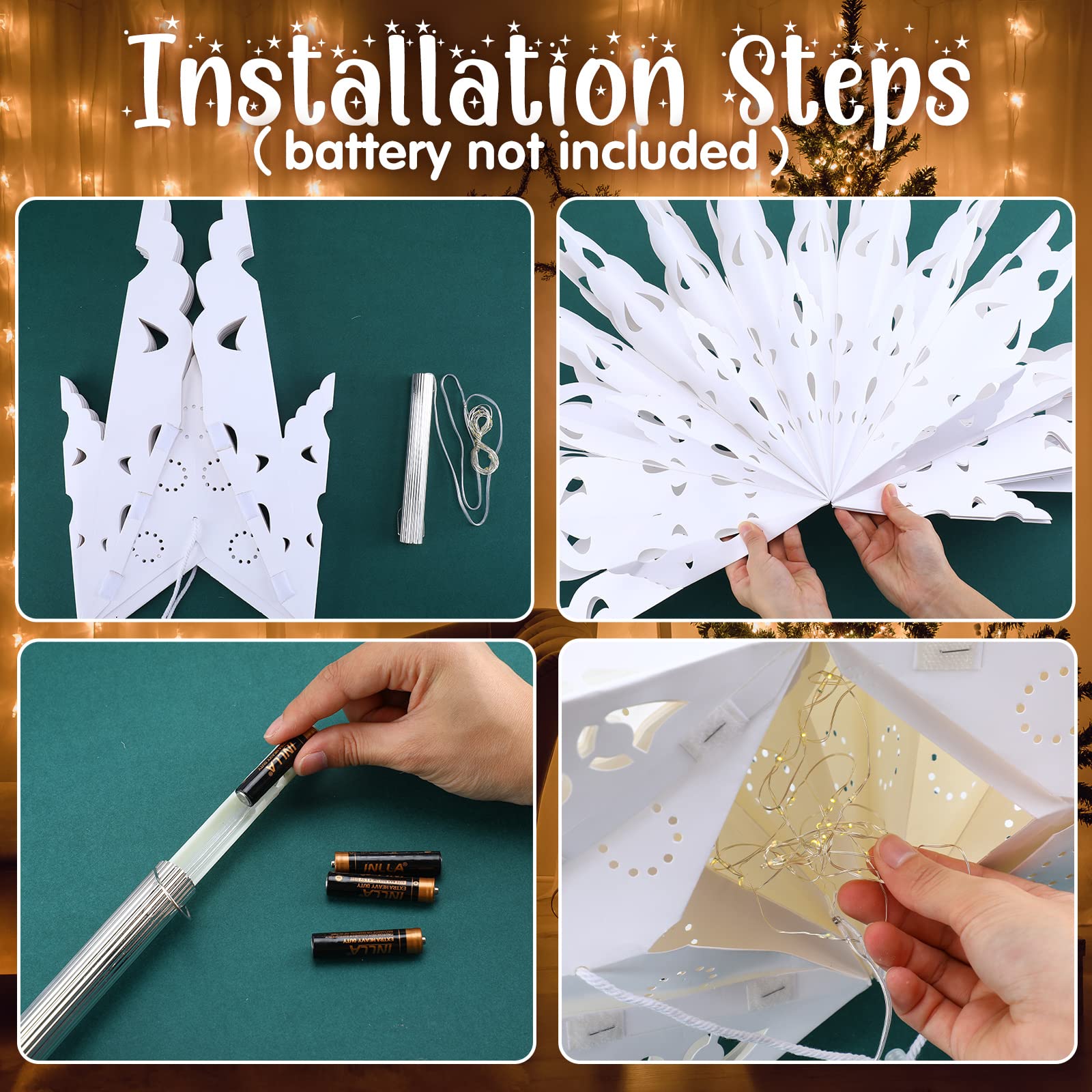 23.6 Inch Christmas Star Snowflake Paper Lantern with Light Timer Paper Lamp Party Supplies Hanging Decoration for Weddings Christmas Trees Birthday Holiday Party Celebration (Classic Style)