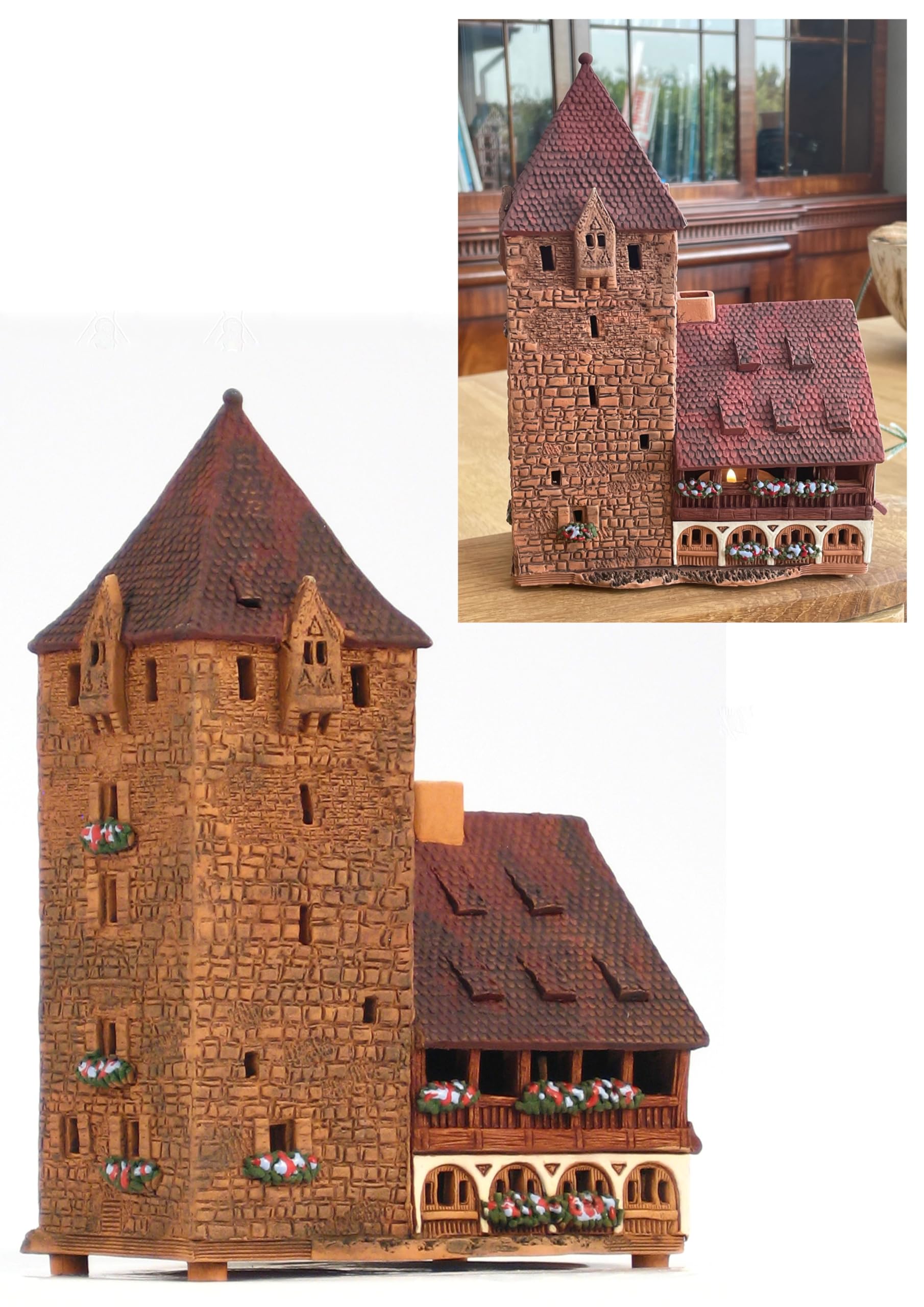 Midene Ceramic Houses Collection - Collectible Handmade Miniature of Historic Schuldturm Tower in Nurnberg, Germany - Tea Light Candle Holder, Essential Oil Burner C346AR*