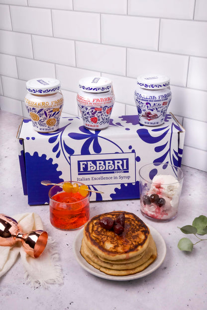 Fabbri Variety Pack Amarena Cherries in Syrup, Strawberries in Syrup and Ginger in Syrup, three jars of 8oz each