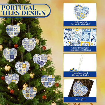 Portuguese Tiles Ceramic Ornament set of 24 - 3 Blue and Yellow Tile Heart Shape Portugal Christmas Ornament New House Housewarming Gifts Lisbon Tile Pattern Decor for Family Holiday Xmas Tree