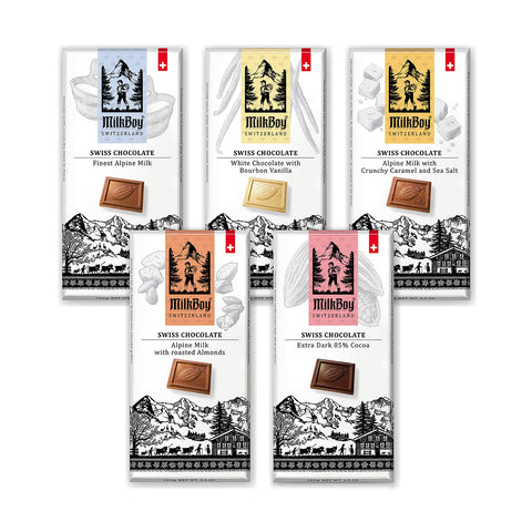 Milkboy Swiss Gourmet Milk Chocolate Bars - Dark Chocolates - White Chocolate Bar - Premium Handmade Chocolate Variety - Kosher - GMO Free - Chocolates Candy - 5 Pack.