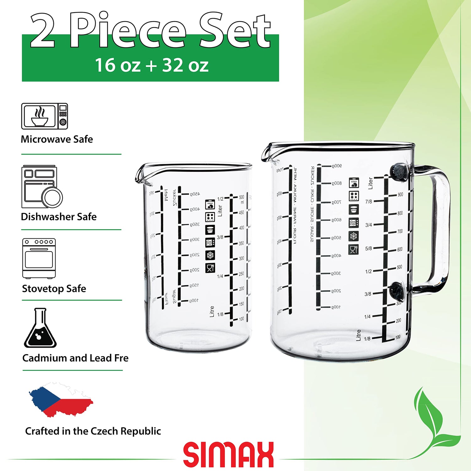 Simax Glass Measuring Cup, Durable Borosilicate Glass, Easy to Read Metric Measurements in Liter, Milliliter, Ounce, Sugar Grams, Drip Free Spout, Microwave Safe Pack of 2 includes 32 oz and 16 oz