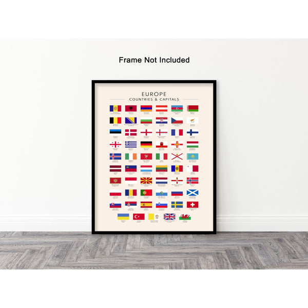 Flags of Europe Poster - European Countries & Capitals Print -  8x10 UNFRAMED Wall Art.