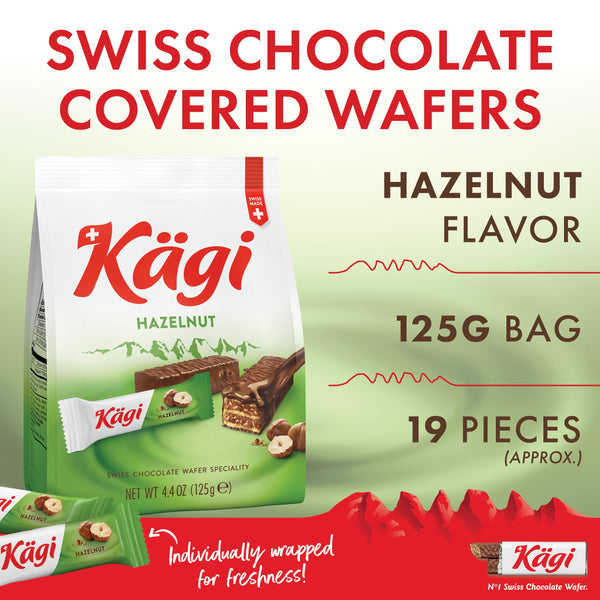 Swiss Milk Chocolate Covered Mini Wafers with Hazelnut Cream Filling by Kägi, Crispy Coated Sweet Snacks, Premium Individually Wrapped Treats, Chocolates, 125g Bag.