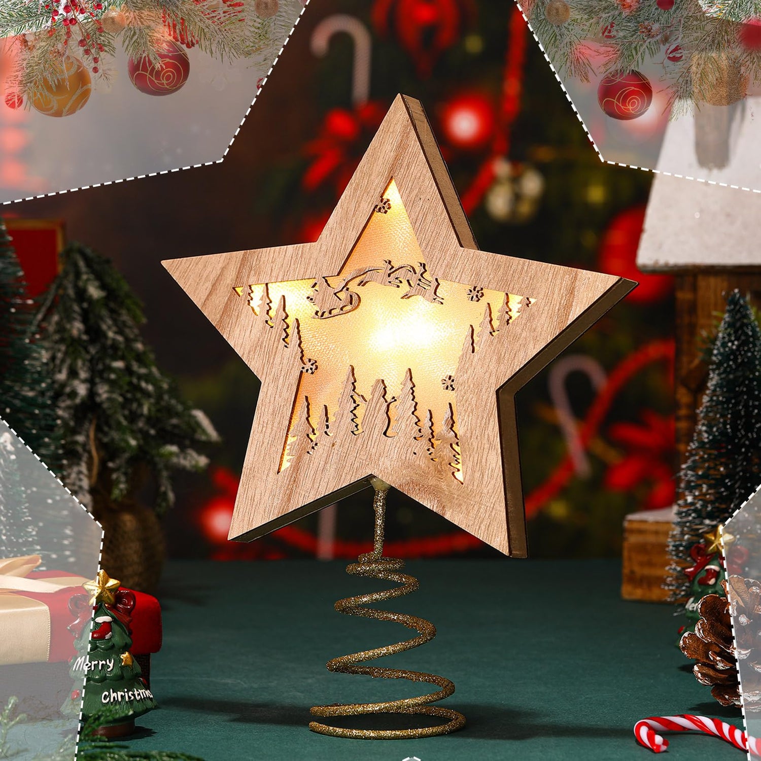 Craftsatin Wood Christmas Tree Topper Rustic Sleigh Star Box with LED Light for Christmas Tree Decorations Lighted Xmas Table Display Decor for Winter Holiday Party Supplies Housewarming Birthday Gift