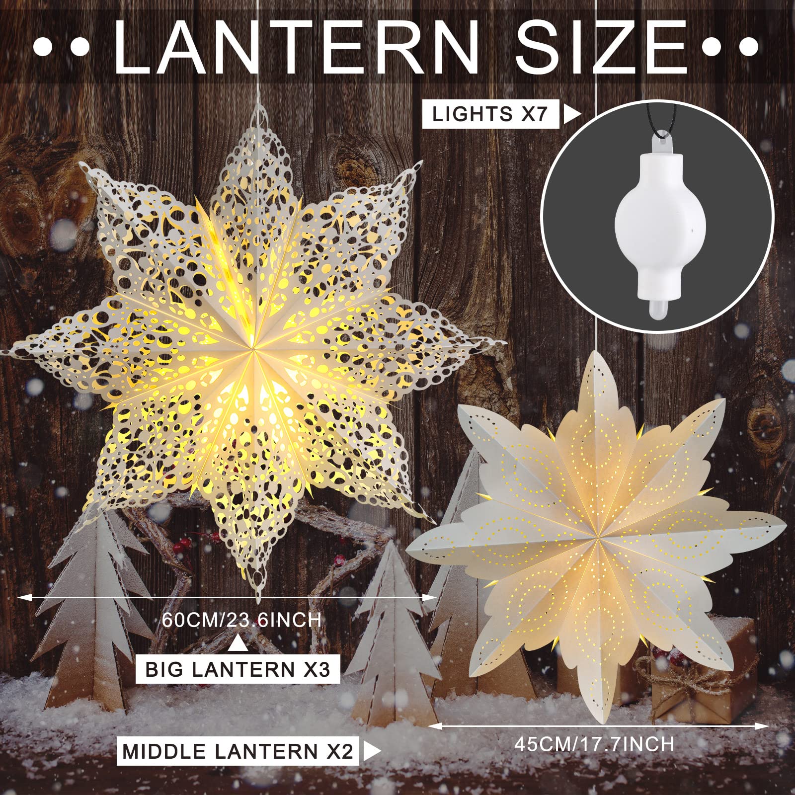 Mudder 5 Pieces Christmas Snowflake Paper Lantern with 7 Light Star Lamp Frozen Party Hanging Decoration for Weddings Trees Birthday Holiday Celebration (CL-TOOLS-C9875)