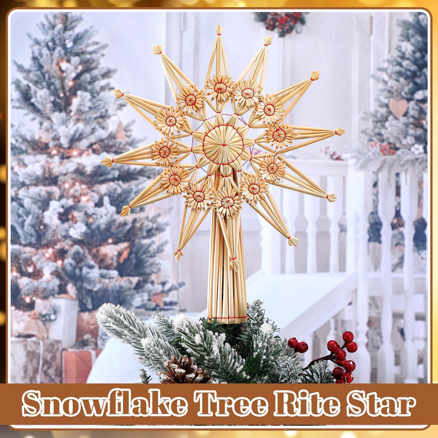 Christmas Straw Snowflake Tree Topper 10 x 12 Inch Straw Ornaments Swedish Style Nordic Tree Topper for Christmas Tree Office Home Indoor Desktop Adults Decoration(Red,Elegant)