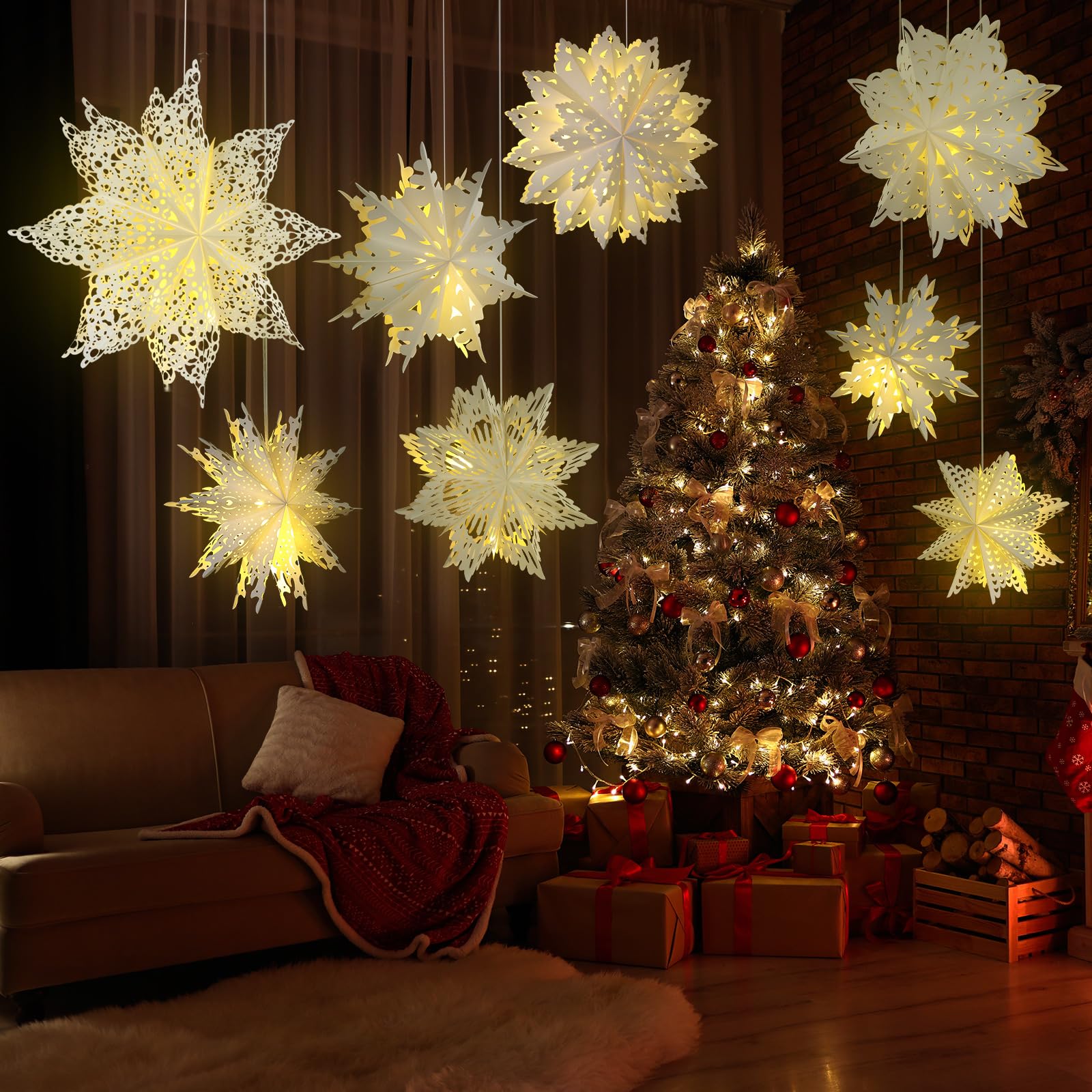 Mudder 10 Pcs Snowflake Paper Lantern Paper Star Lantern with 14 LED Light Paper Lamp Frozen Party Hanging Decoration for Christmas Weddings New Year Birthday Holiday Celebration, White