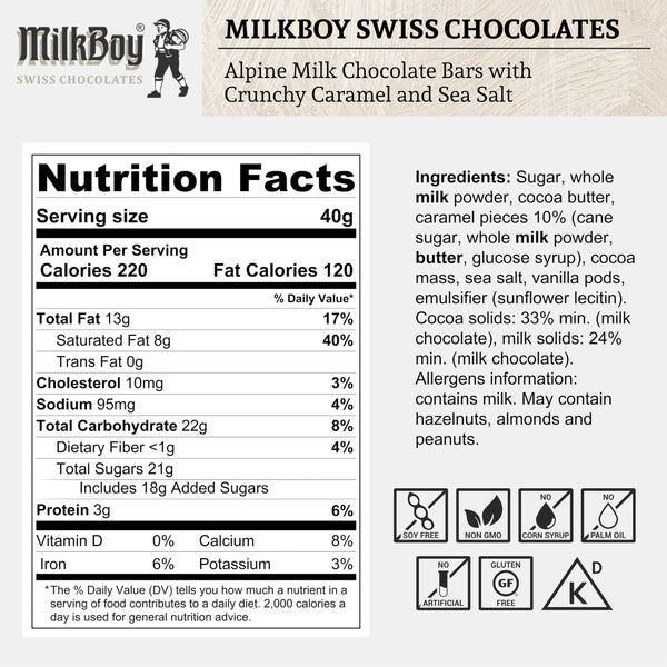 Milkboy Swiss Milk Chocolates - Alpine Milk Chocolate Bars with Crunchy Caramel Sea Salt - Gluten-Free Non-GMO All Natural - Made in Switzerland - 3.5 oz, 5 Pack.