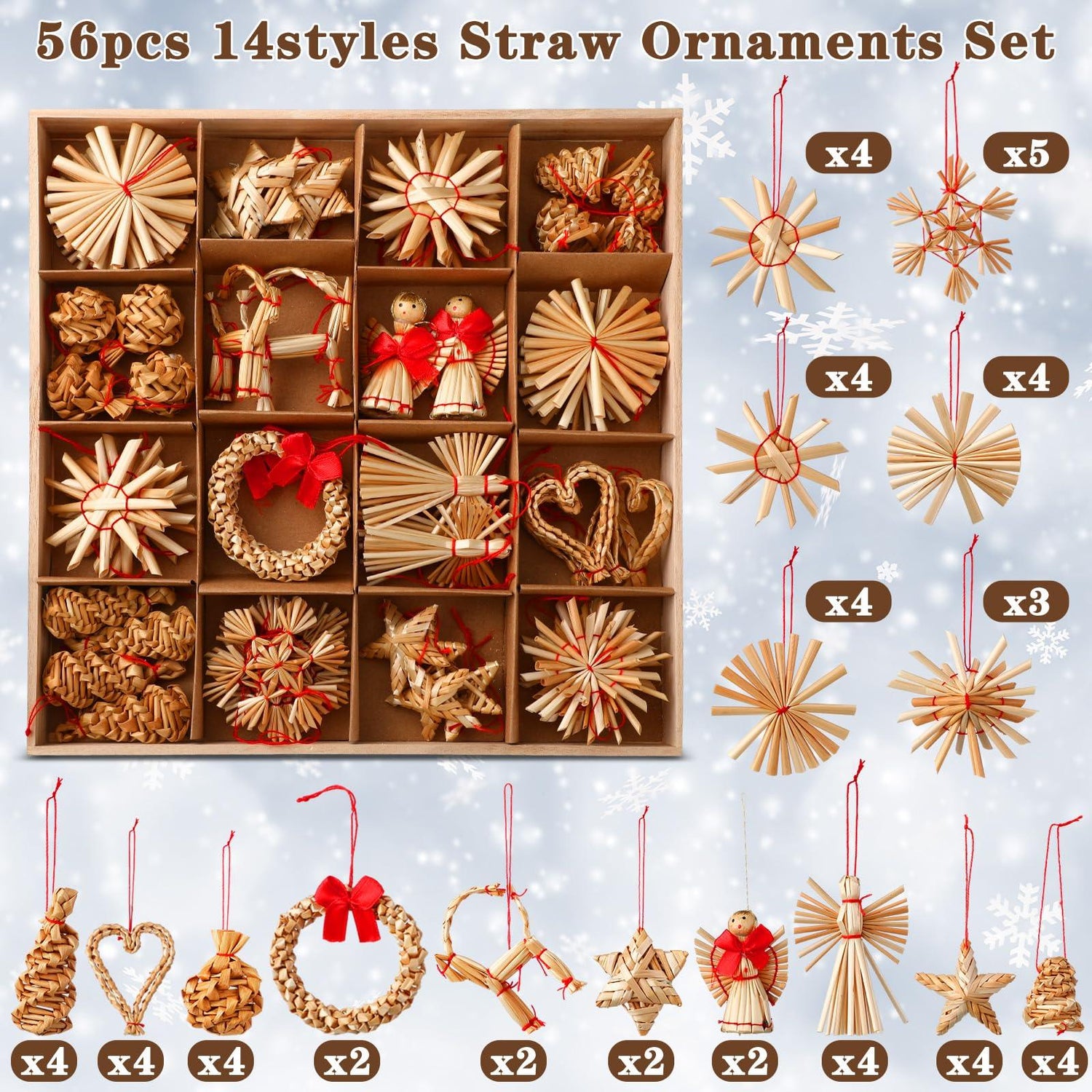 Straw Ornaments Set 56 Pcs  Scandinavian Christmas Decorations Including Stars Snowflakes Hearts Angel Wreath Goats/Julbuck for Danish Norwegia Nnordic Christmas Tree (Heart)